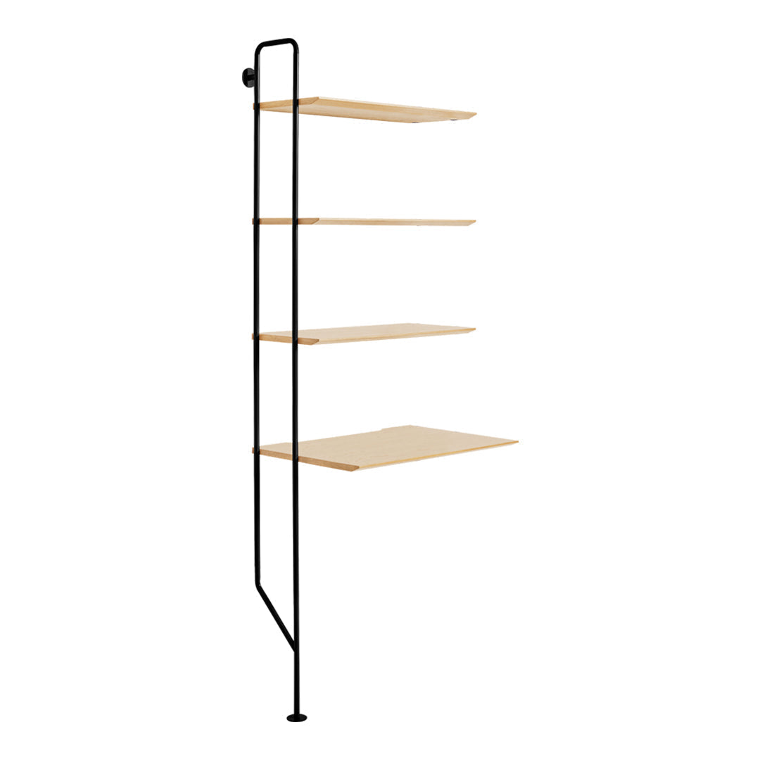"Modern minimalist shelf with black metal frame and light wooden shelves, showcasing a stylish, sleek design."