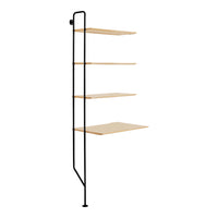 "Modern minimalist shelf with black metal frame and light wooden shelves, showcasing a stylish, sleek design."