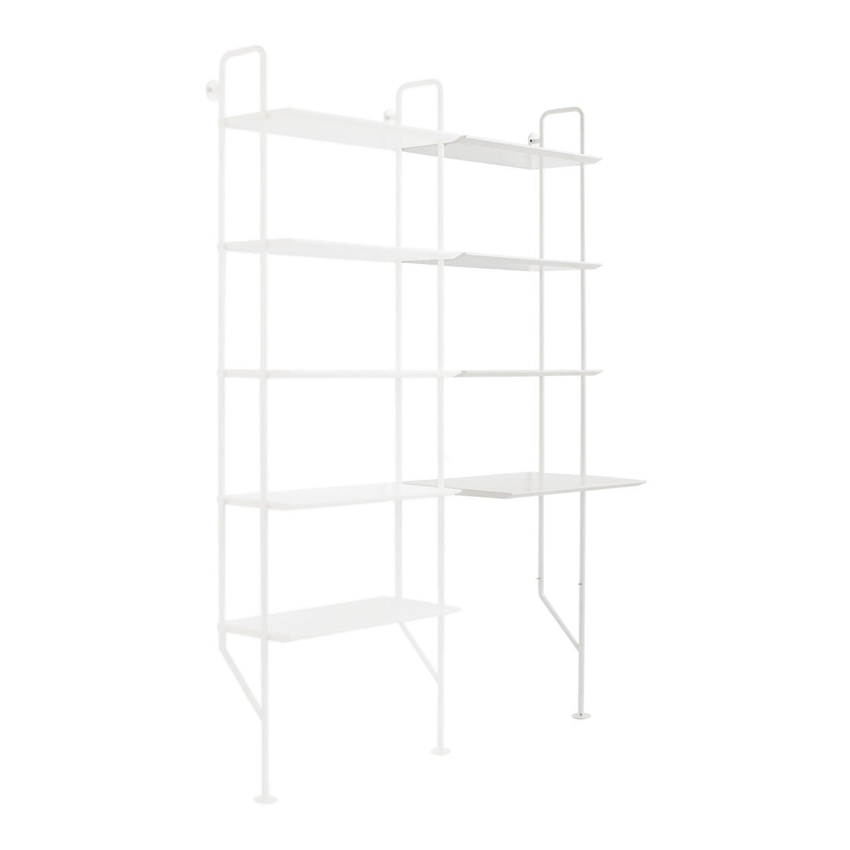 White metal shelving unit with seven minimalist shelves and a sleek, modern design. Ideal for any space.