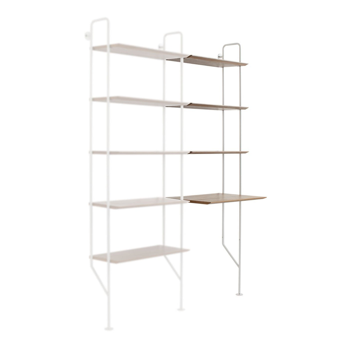 White metal shelving unit with natural wood shelves, featuring a sleek, minimalist design and clean lines.