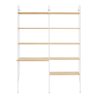 Minimalist white shelving unit with natural wood shelves and clean lines, perfect for modern decor.