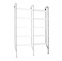 White shelving unit with black accents, featuring a minimalist design and multiple shelves for stylish storage.