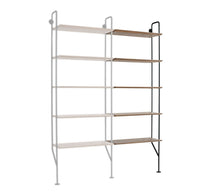 Modern shelving unit with white metal frame and light wood shelves, featuring a minimalist design and clean lines.