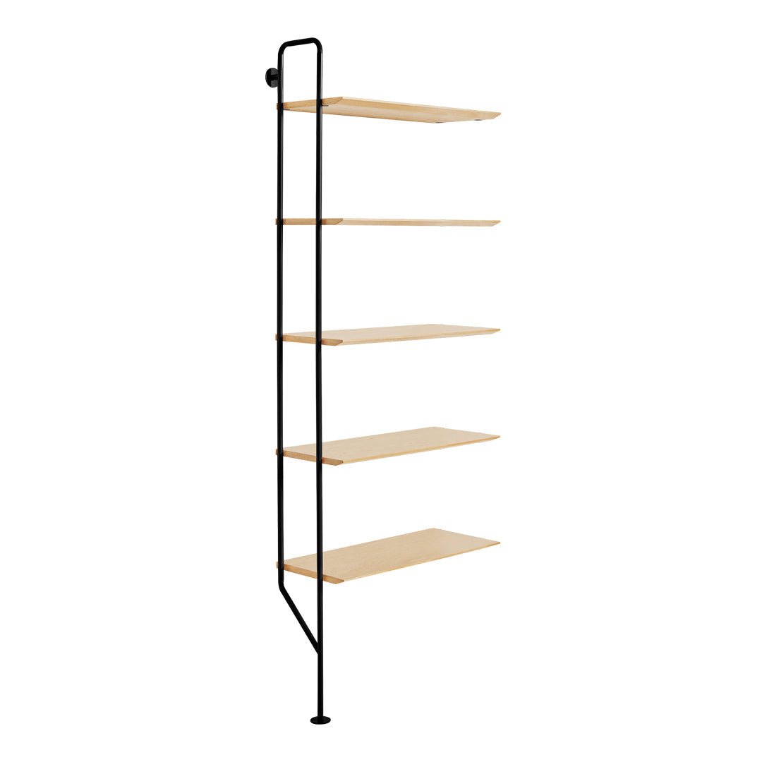 "Modern black metal bookshelf with five natural wood shelves, featuring a sleek and minimal design."