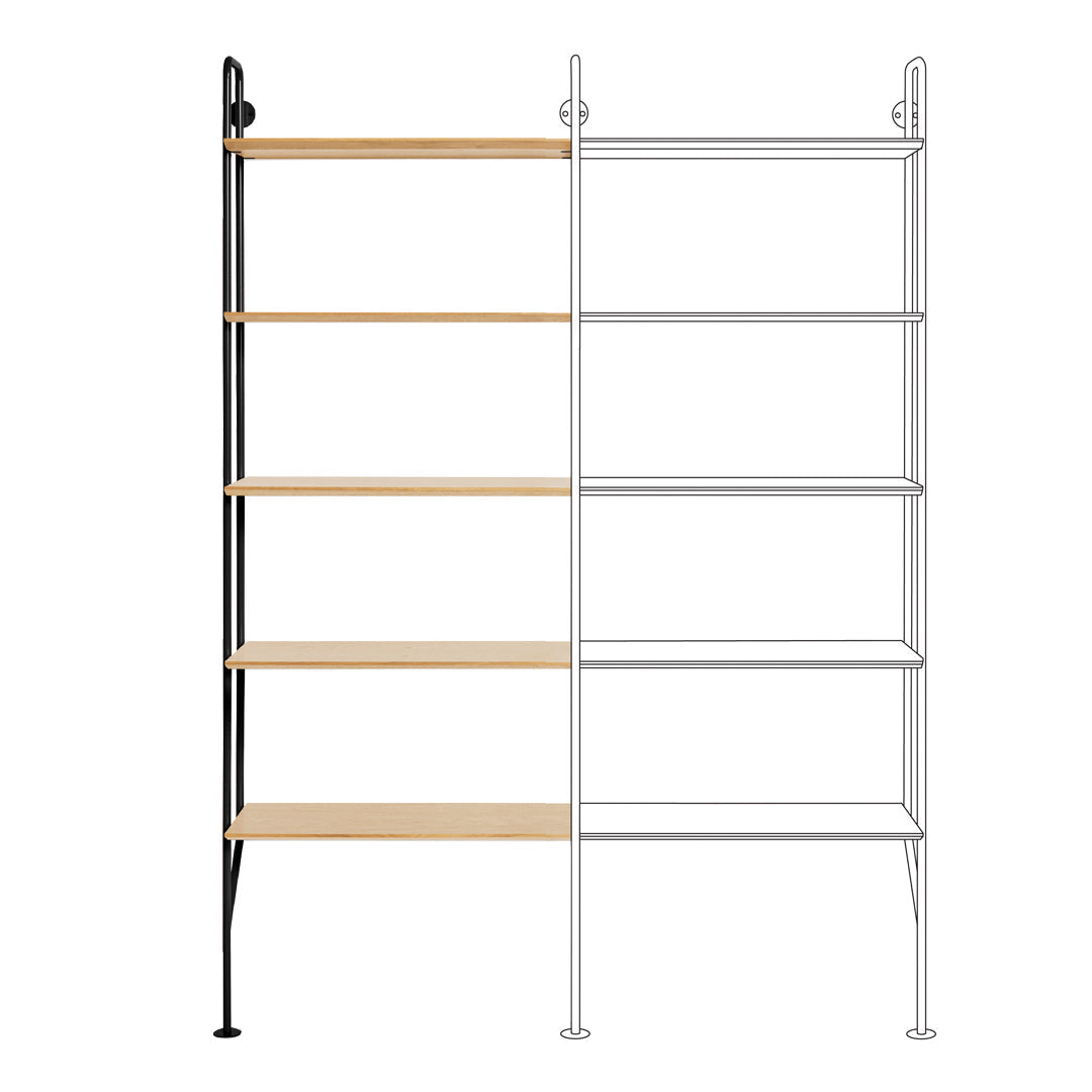 "Two-tiered shelving unit with black metal frame and natural wood shelves, featuring a minimalist design."