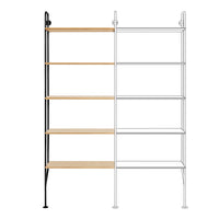"Two-tiered shelving unit with black metal frame and natural wood shelves, featuring a minimalist design."