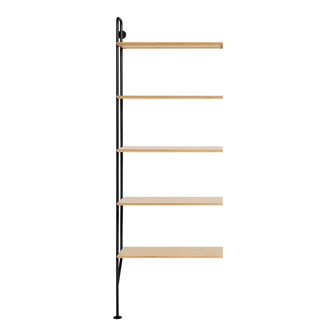 Wooden shelving units with light natural wood shelves and sleek black metal supports. Modern and minimalist design.