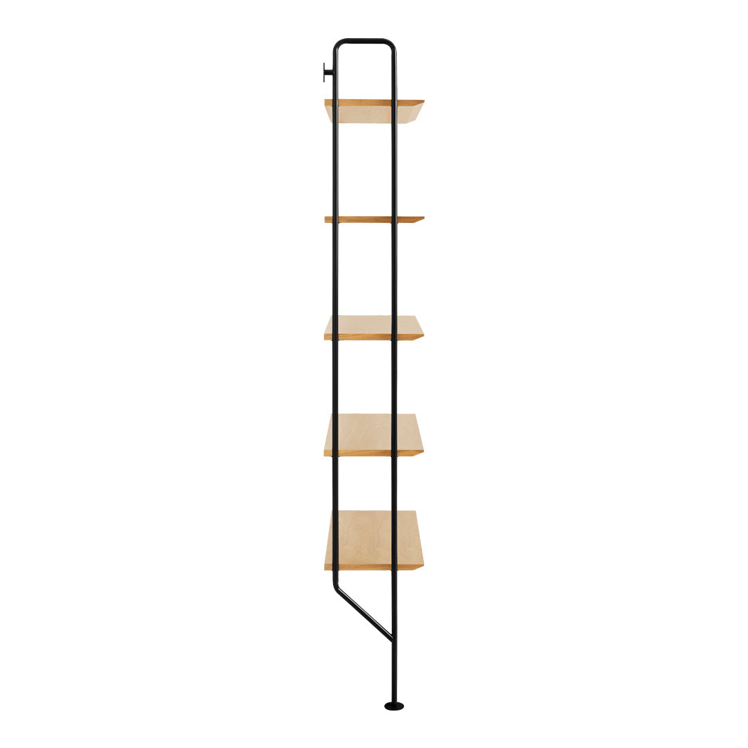 Minimalist black metal shelving unit with four natural wood shelves. Simple design enhances modern decor.