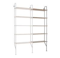 Metal shelving unit with white frames and natural wooden shelves, featuring a clean, modern design.