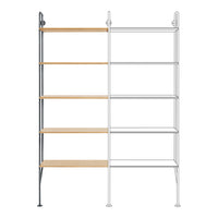 Light wood shelves with white and metal frame; modern minimalist design, perfect for any home or office decor.