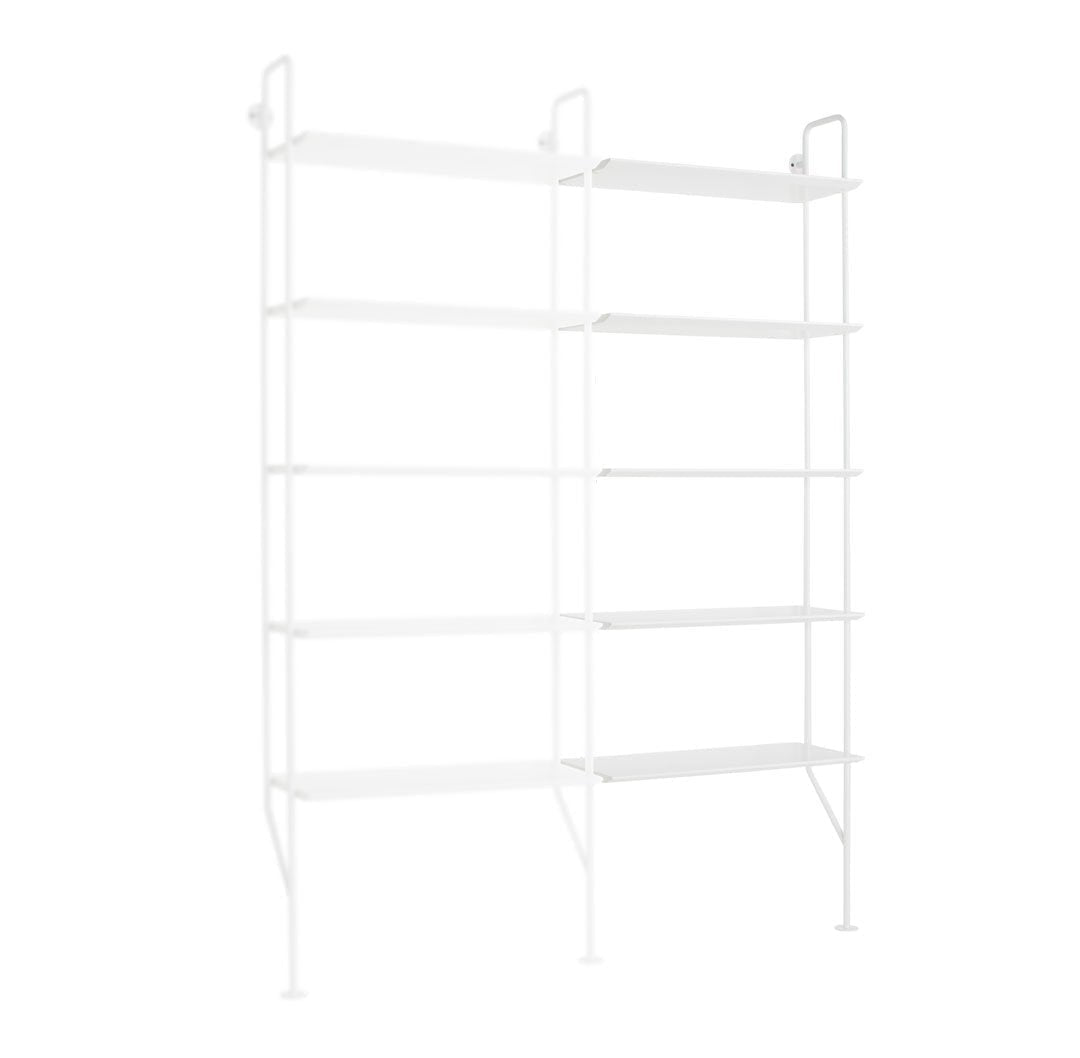 White metal shelving unit with sleek, minimalist design and even spacing between shelves.