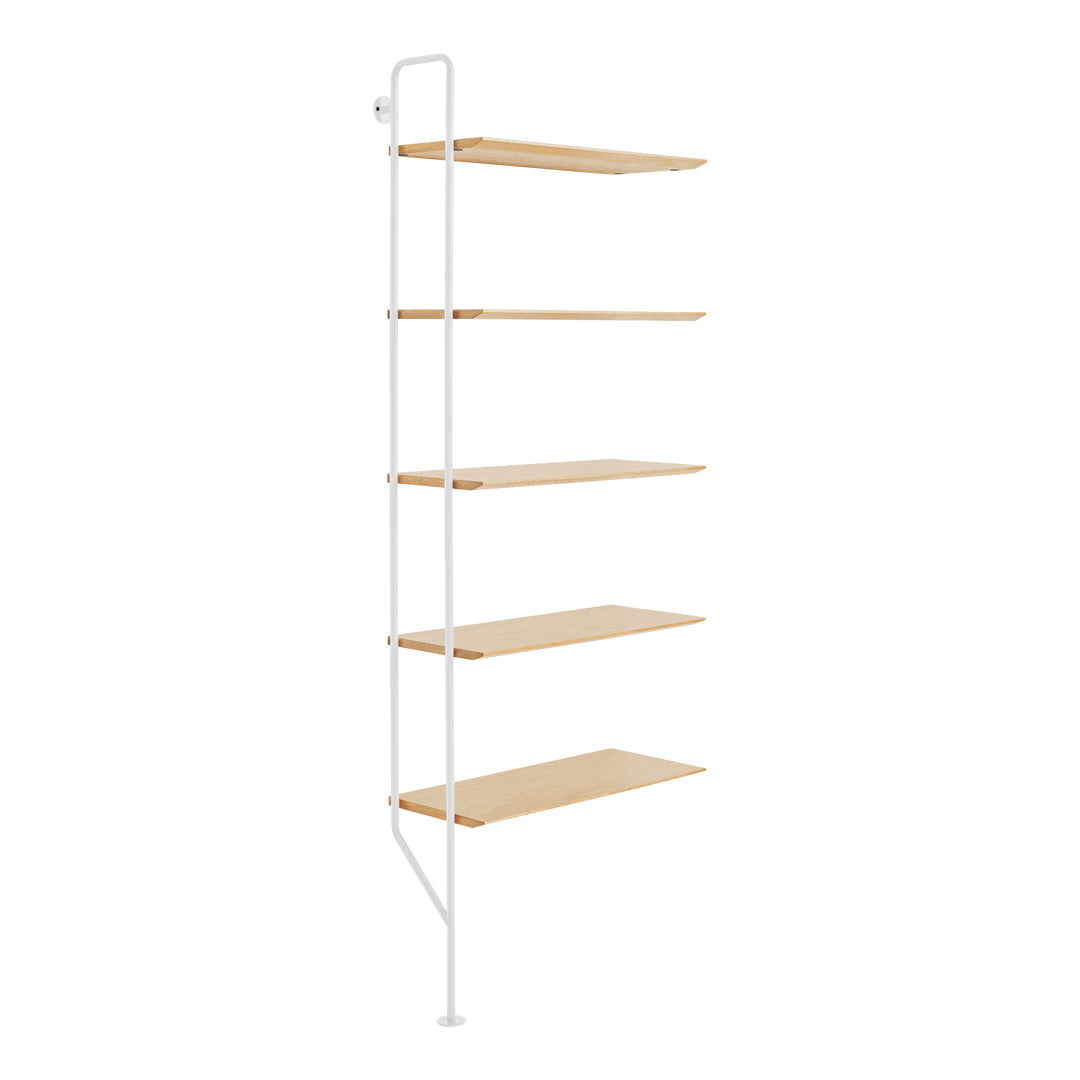 White metal shelf with natural wood shelves, featuring a minimalist design and clean lines.