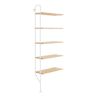 White metal shelf with natural wood shelves, featuring a minimalist design and clean lines.