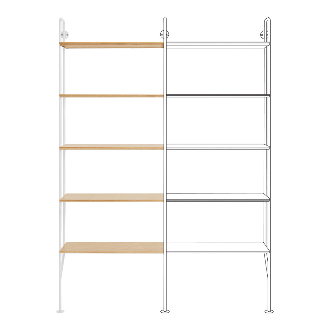 White metal shelving unit with natural wood shelves, modern minimalist design, showcasing clean lines and neutral tones.