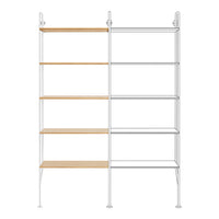 White metal shelving unit with natural wood shelves, modern minimalist design, showcasing clean lines and neutral tones.