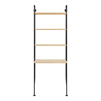 Modern black metal shelving unit with light wood shelves, featuring a sleek and minimalist design. Perfect for any space.