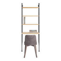 "Modern black metal bookshelf with natural wood shelves, paired with a soft gray upholstered stool."
