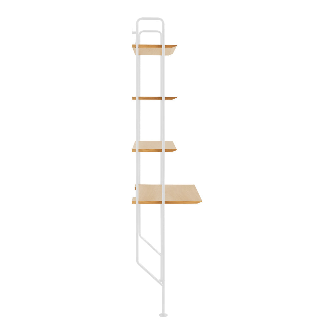 White metal frame with four natural bamboo shelves, showcasing a minimalistic and modern design.