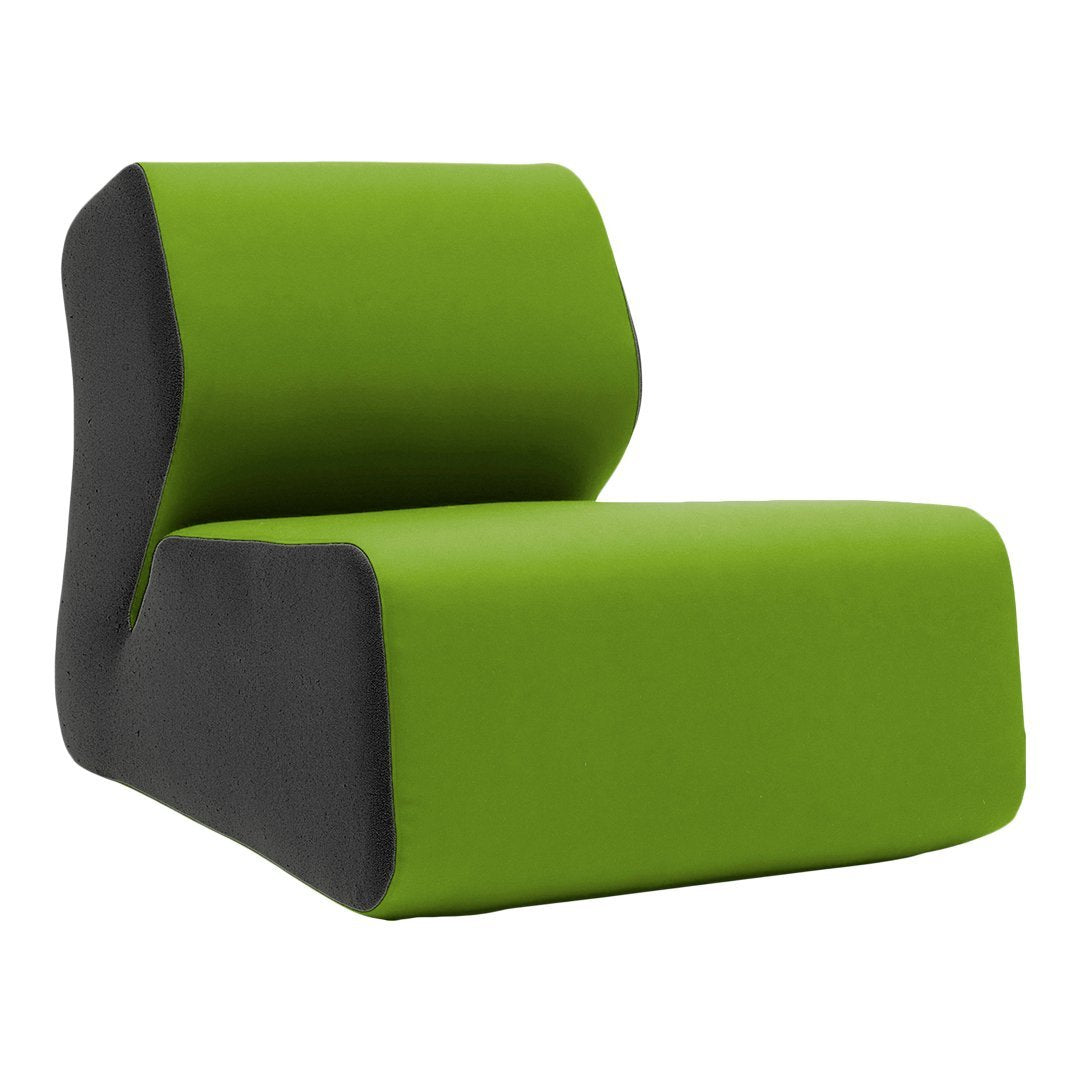 Green and black modern chair with a sleek, minimalist design and smooth fabric texture. Perfect for contemporary spaces.