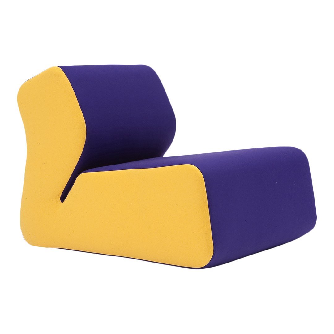Modern chair in bold purple and yellow color blocks, featuring a unique geometric design. Perfect for stylish interiors.