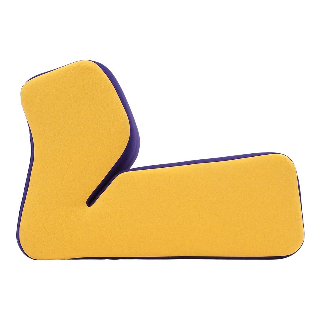 Yellow and purple ergonomic foam cushion with a modern, abstract shape and smooth curved edges. Perfect for comfort.