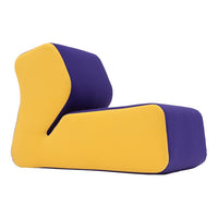 Vibrant purple and yellow ergonomic lounge chair with a modern, geometric design. Perfect for stylish seating.