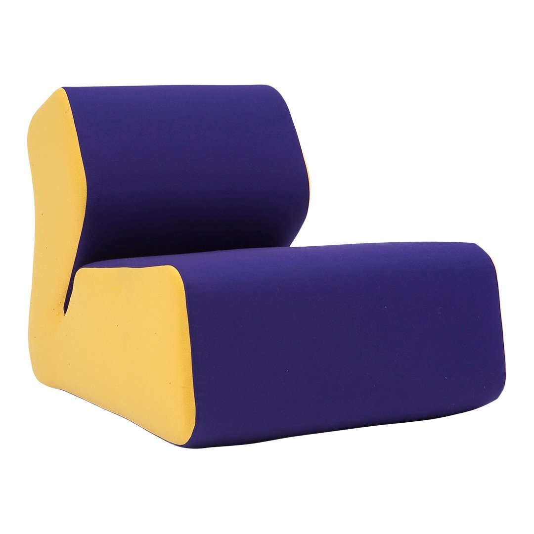 Modern chair in bold purple with bright yellow accents, featuring a smooth, contoured design. Perfect for stylish interiors.