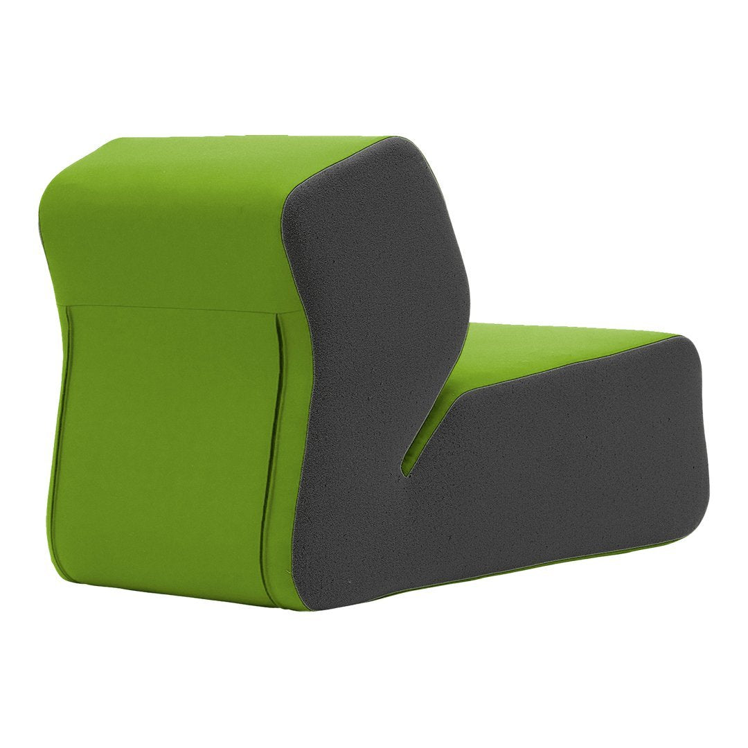 "Modern chair featuring a vibrant green and sleek dark gray color block design."