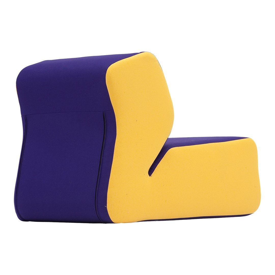 Vibrant purple and yellow modern chair with a unique geometric design. Perfect for stylish decor.