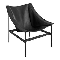 Sleek black leather chair with a smooth, curvy design and minimalist black metal frame. Perfect for modern decor.