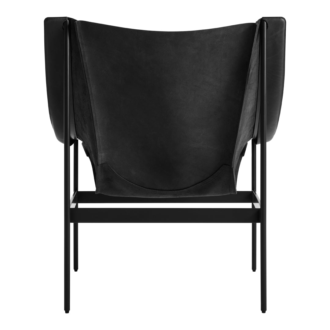 Black leather chair with a sleek, minimalist design, featuring smooth, curved lines and a modern black metal frame.