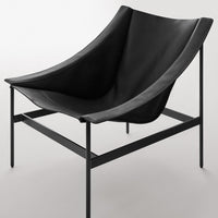 Black leather chair with a sleek, curved design atop a minimalist black metal frame.