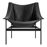 Black leather chair with minimalist design, featuring sleek black metal legs and a smooth, modern finish.