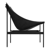 Sleek black modern chair with a minimalist design and smooth fabric against a sturdy black frame.