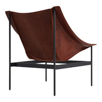 Brown leather lounge chair with sleek black metal frame, featuring smooth, minimalist curves.