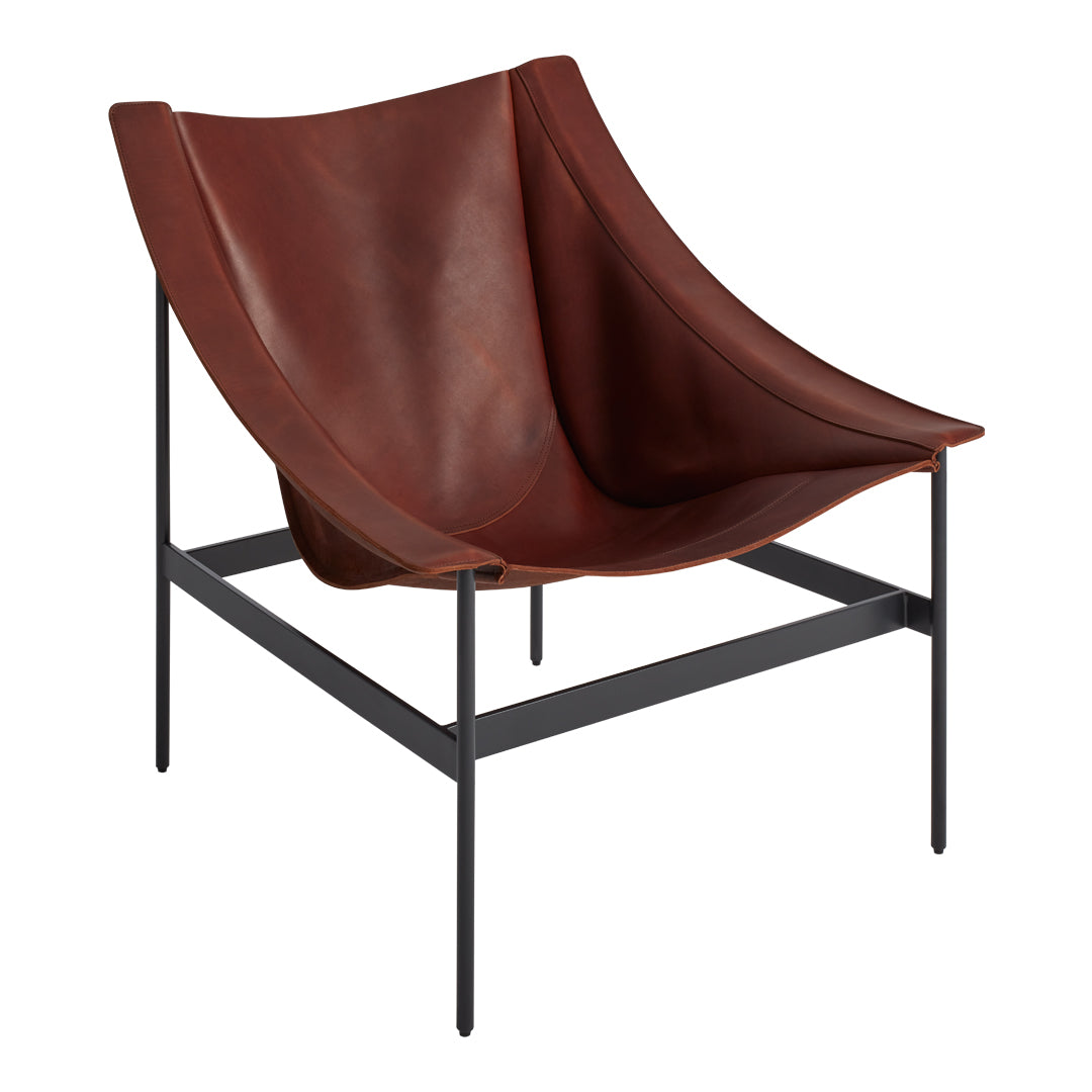 Brown leather chair with a smooth finish and curved shape, complemented by a sleek black metal frame.