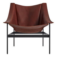 Brown leather accent chair with a sleek black metal frame, featuring a minimalist and modern design.