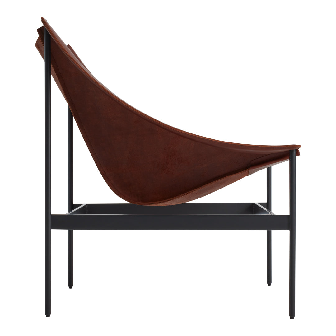 Rust brown leather sling chair on a sleek black metal frame, showcasing a modern design and minimalist style.