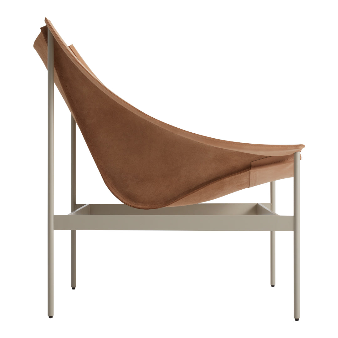 Stylish brown suede lounge chair with a sleek light gray metal frame, featuring a smooth, minimalist design.