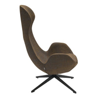 Brown upholstered chair with a sleek, modern design and unique curved shape on a black metal base.