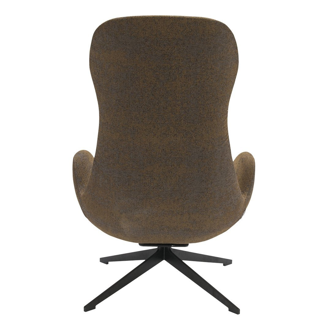 Brown textured chair with a sleek black base, featuring a modern ergonomic design. Perfect for stylish interiors.