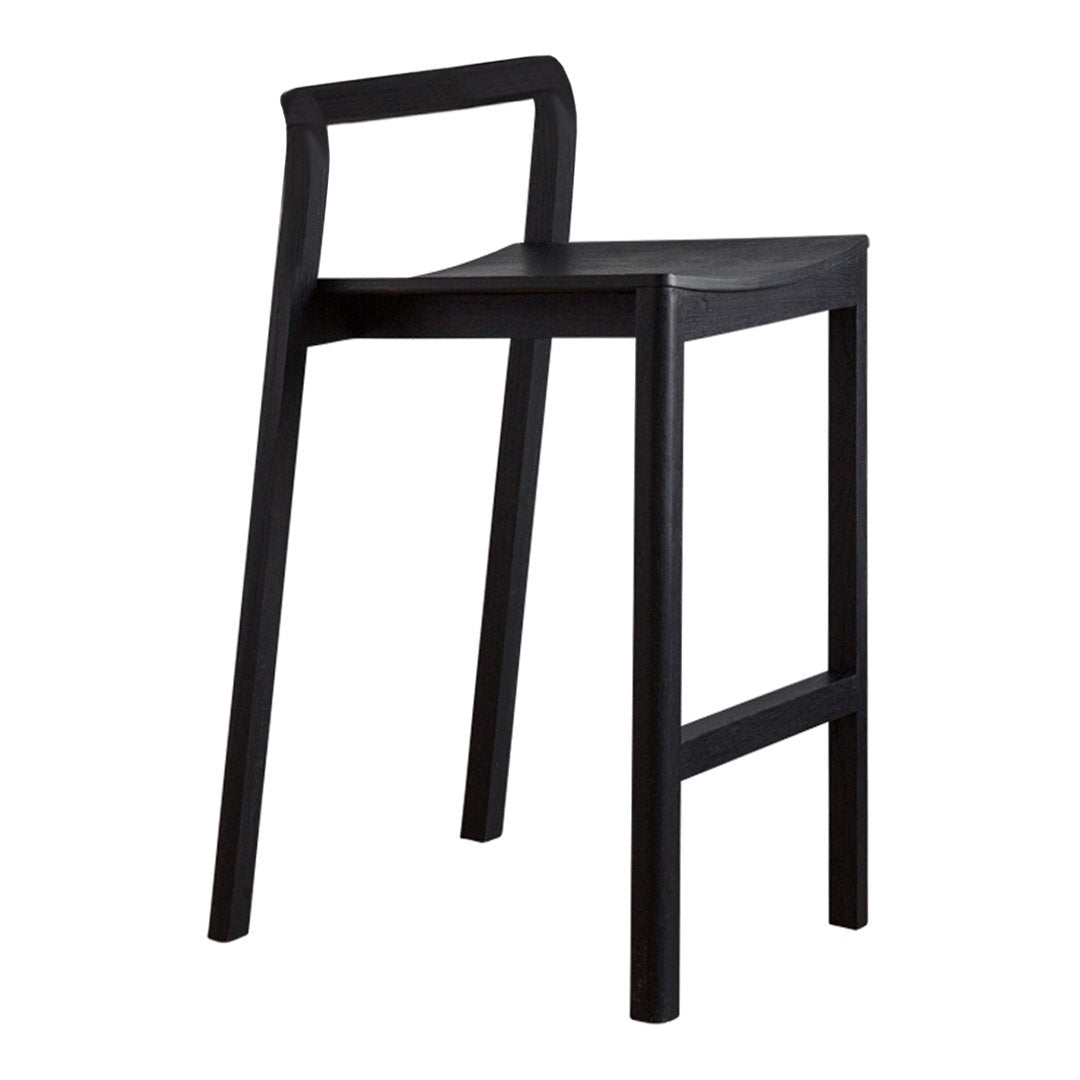 Sleek black bar stool with minimalistic design and smooth matte finish, perfect for modern kitchens or bars.
