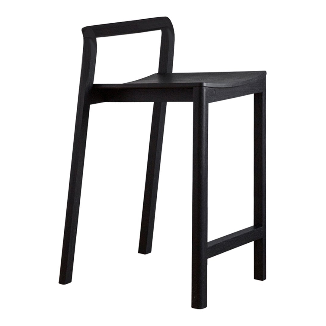 Black modern bar stool with sleek lines and minimalist design, perfect for contemporary spaces.