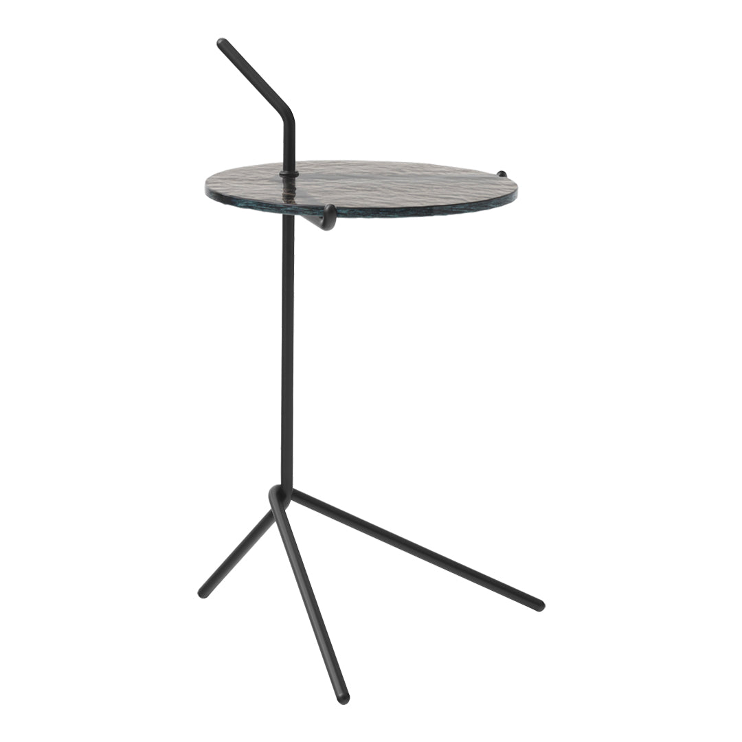 Black metal frame with a round glass top featuring a subtle gray marble pattern.