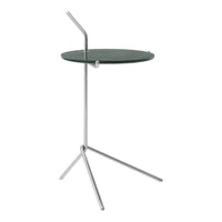 Modern metal side table with a sleek silver base and a round, green glass top. Ideal for contemporary decor.