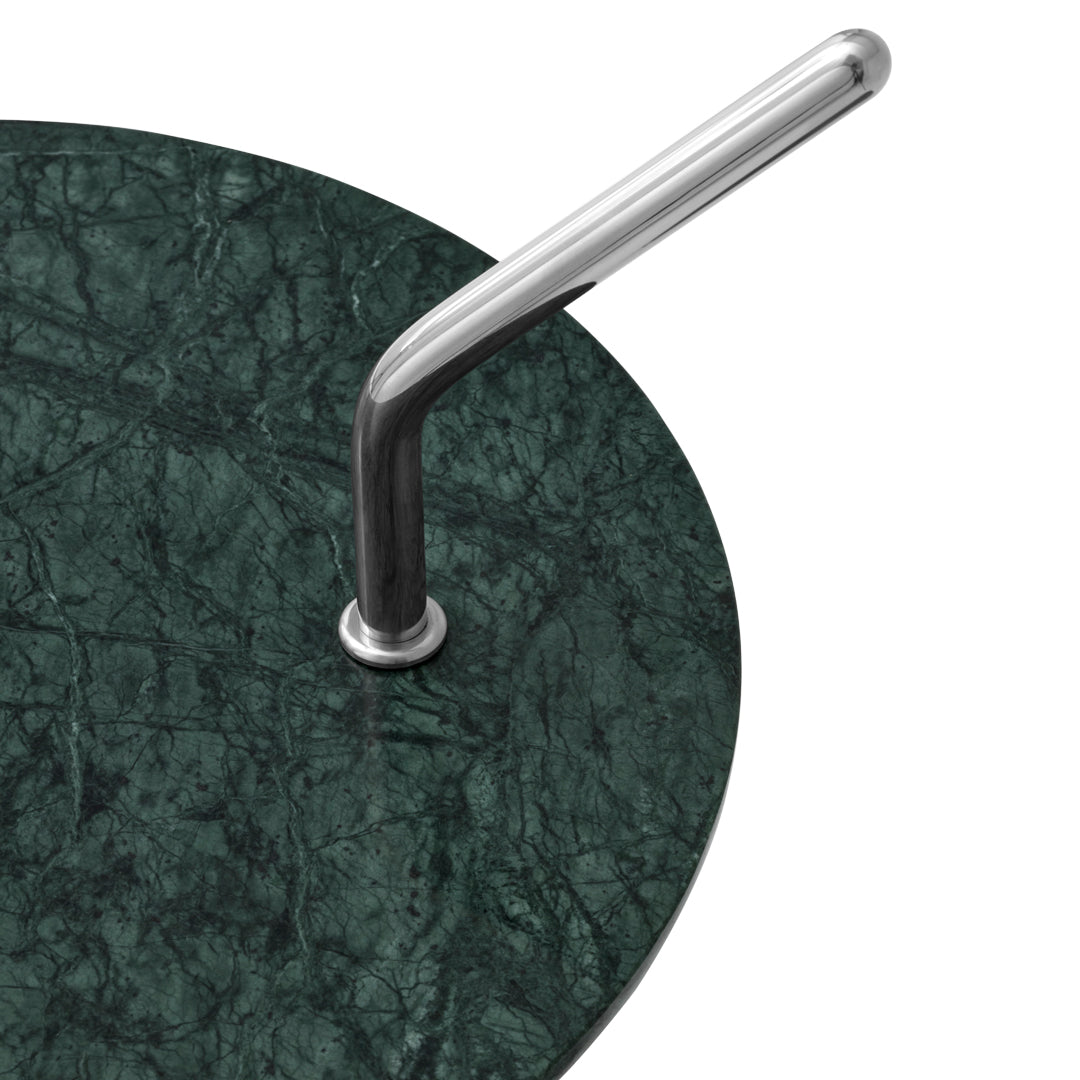 Green marble tabletop with a textured pattern and silver metal handle. Modern and elegant design.