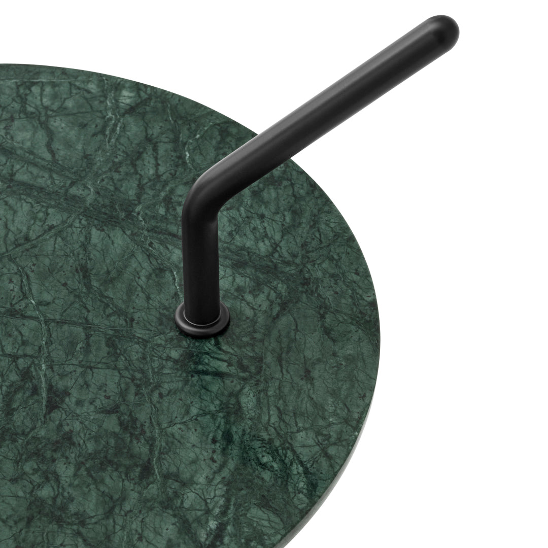 Dark green marble table surface with a sleek black handle, featuring a textured pattern and smooth finish.
