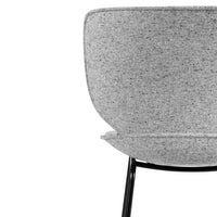 Gray textured fabric chair with a minimalist design and black metal legs. Ideal for modern interiors.