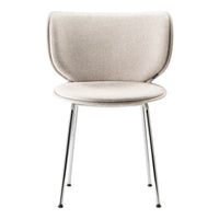 Light beige upholstered chair with a smooth, rounded design and sleek chrome legs. Minimalist style for modern decor.