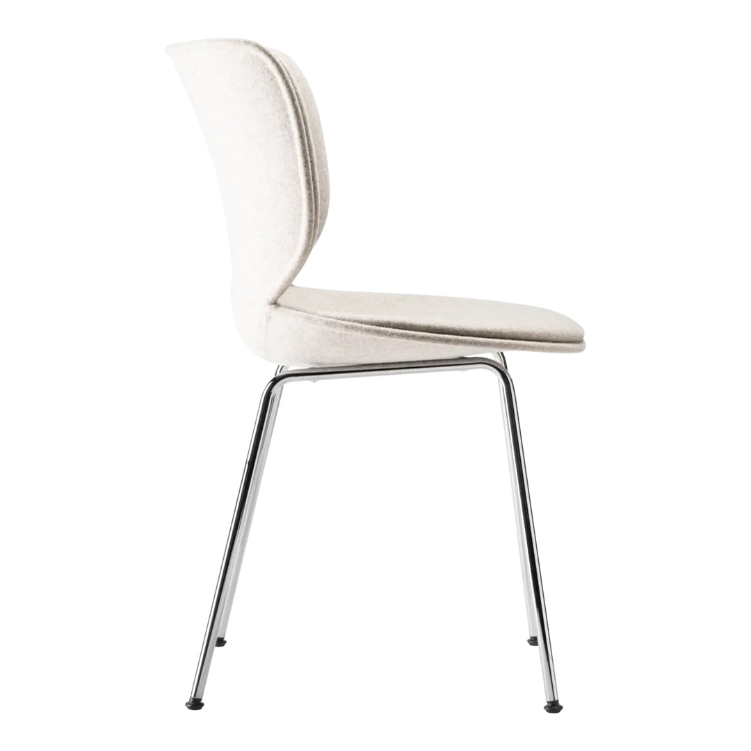 White upholstered chair with a smooth, minimalistic design and polished chrome legs. Perfect for modern interiors.